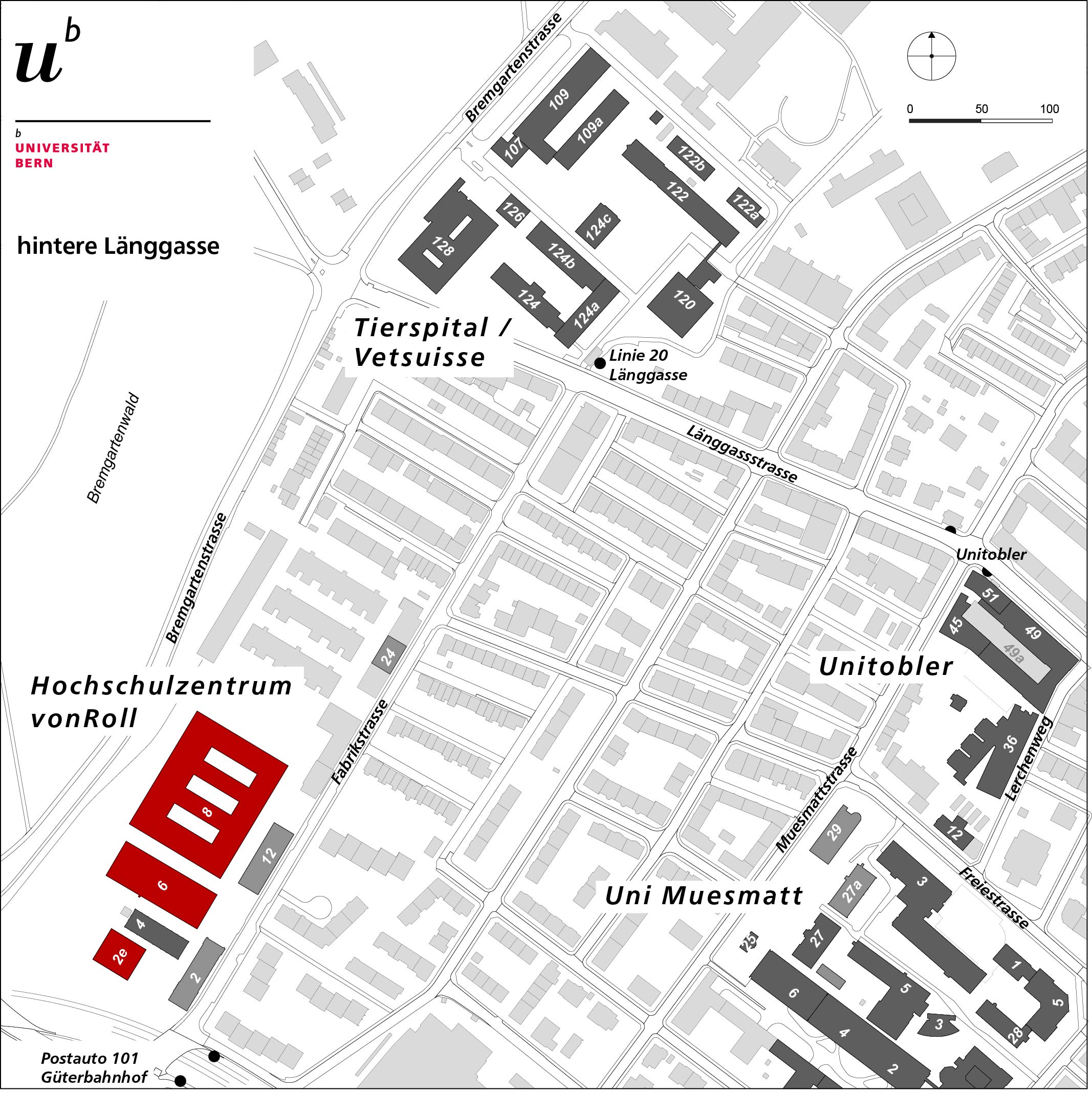 Campus map showing the vonRoll University Centre on Fabrikstrasse, Bern